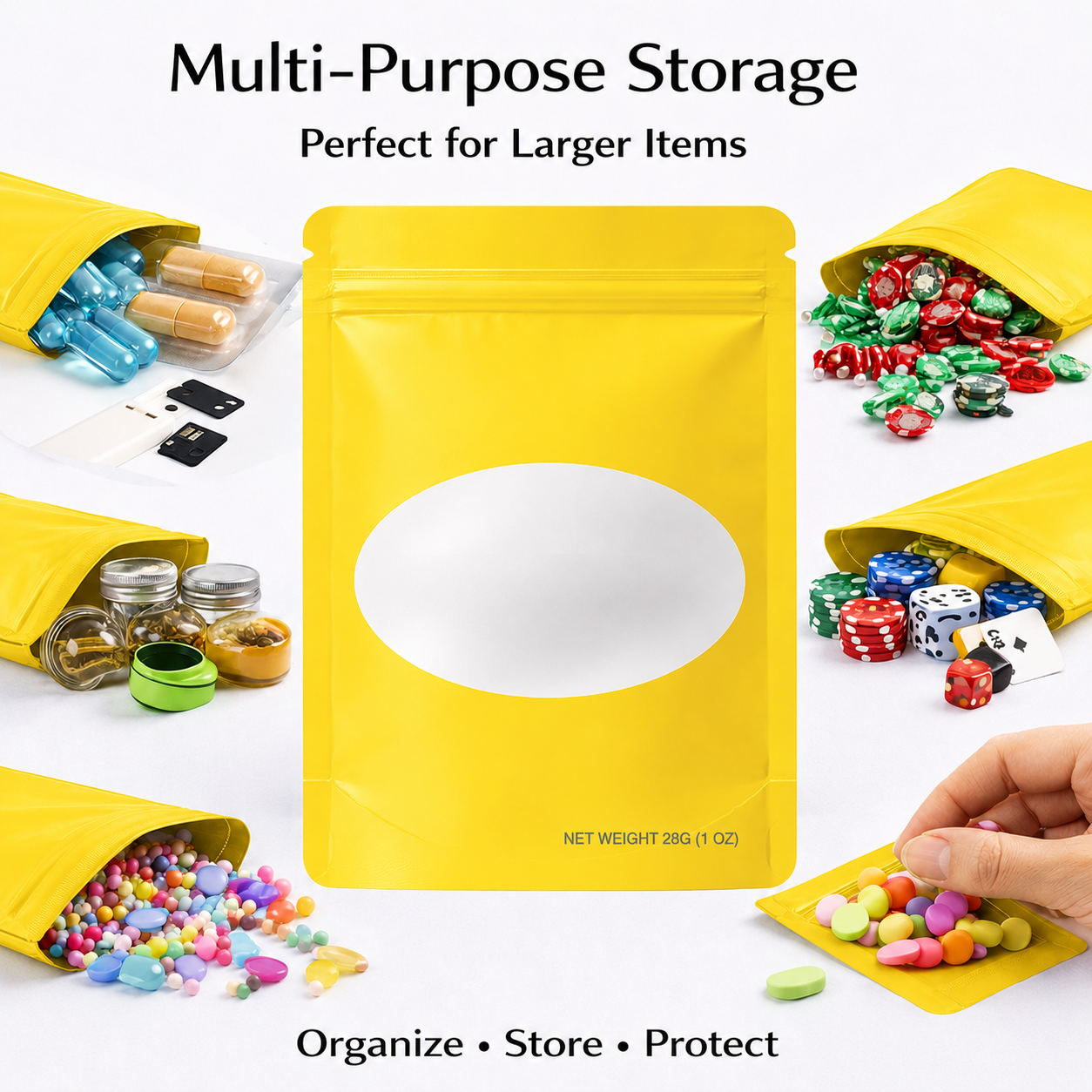 Solid Color Zip-Seal Foil Pouches (4.75"x8") Oval Window - Yellow