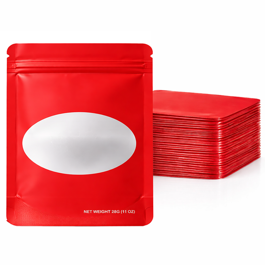 50 Pack – 28g Solid Color Mylar Bags with Oval Window - Red