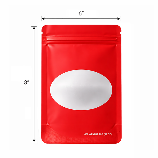 50 Pack – 28g Solid Color Mylar Bags with Oval Window - Red