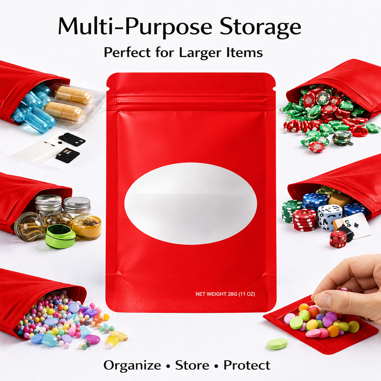 50 Pack – 28g Solid Color Mylar Bags with Oval Window - Red