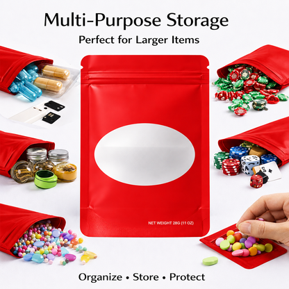 50 Pack – 28g Solid Color Mylar Bags with Oval Window - Red