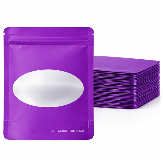 50 Pack – 28g Solid Color Mylar Bags with Oval Window - Purple