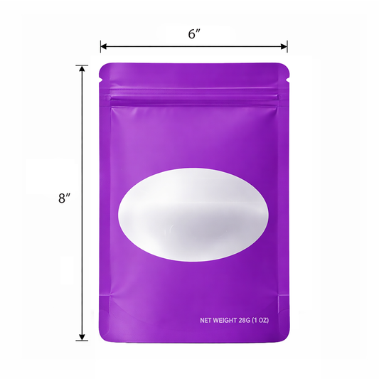 50 Pack – 28g Solid Color Mylar Bags with Oval Window - Purple