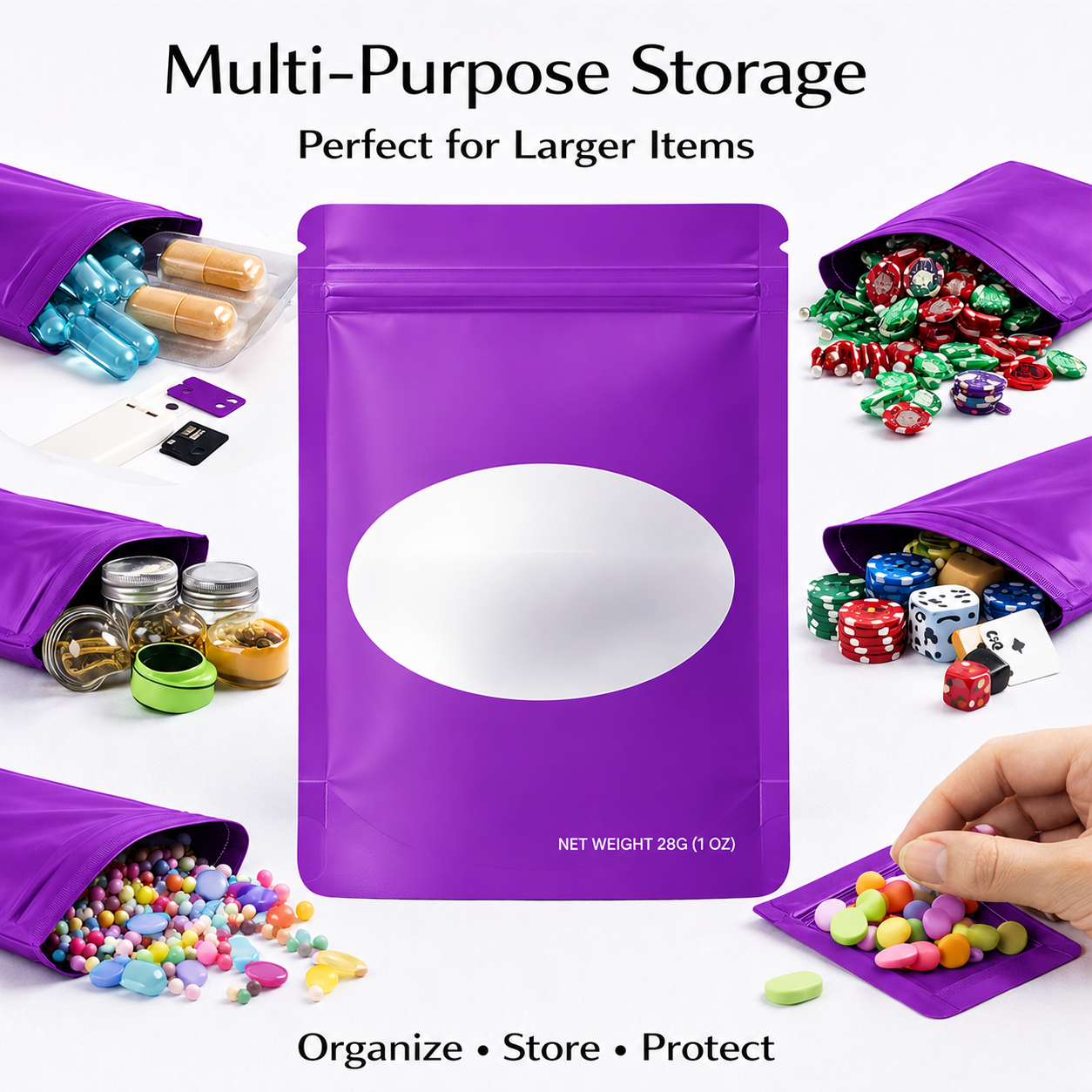 50 Pack – 28g Solid Color Mylar Bags with Oval Window - Purple