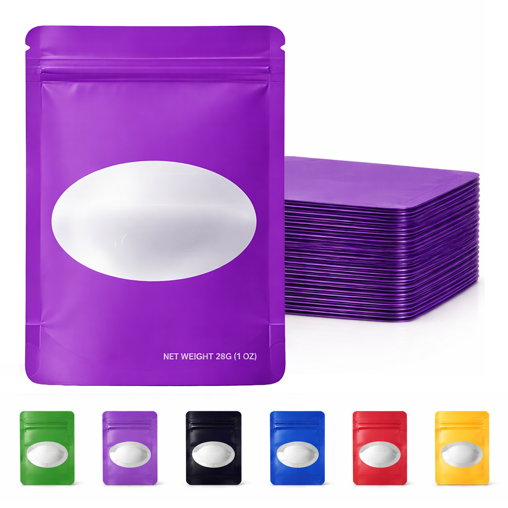 50 Pack – 28g Solid Color Mylar Bags with Oval Window - Purple