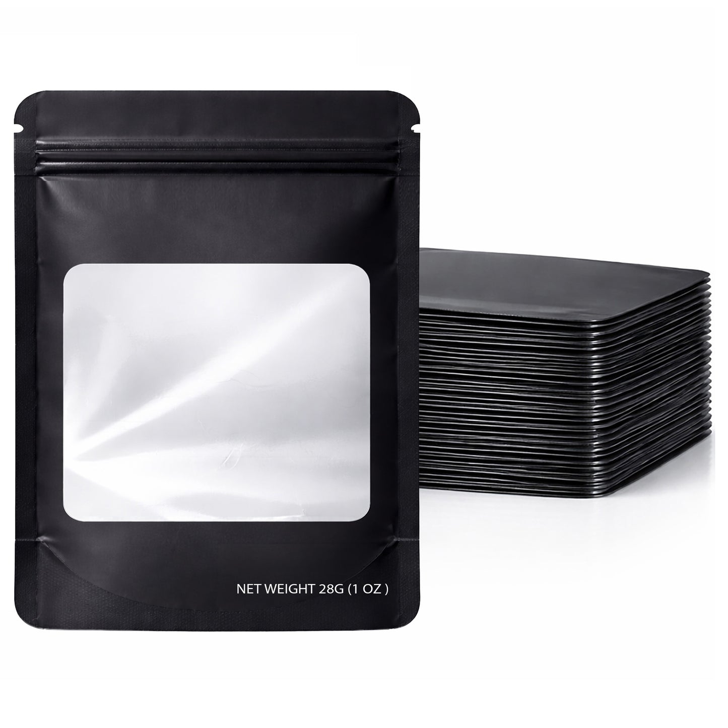 50 Pack – 28g Solid Color Mylar Bags with Square Window - Black