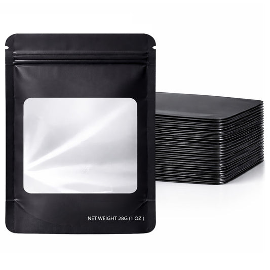 50 Pack – 28g Solid Color Mylar Bags with Square Window - Black