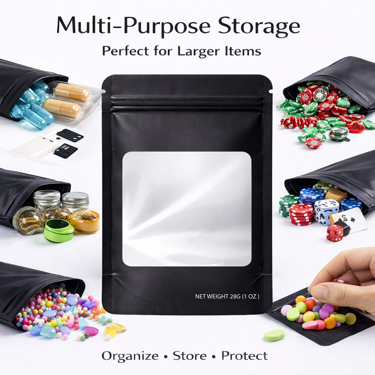 50 Pack – 28g Solid Color Mylar Bags with Square Window - Black
