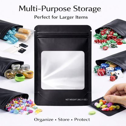 50 Pack – 28g Solid Color Mylar Bags with Square Window - Black