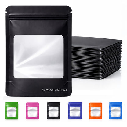 50 Pack – 28g Solid Color Mylar Bags with Square Window - Black