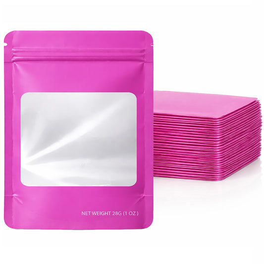 50 Pack – 28g Solid Color Mylar Bags with Square Window - Pink