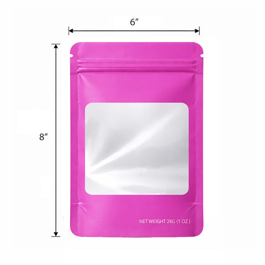 50 Pack – 28g Solid Color Mylar Bags with Square Window - Pink