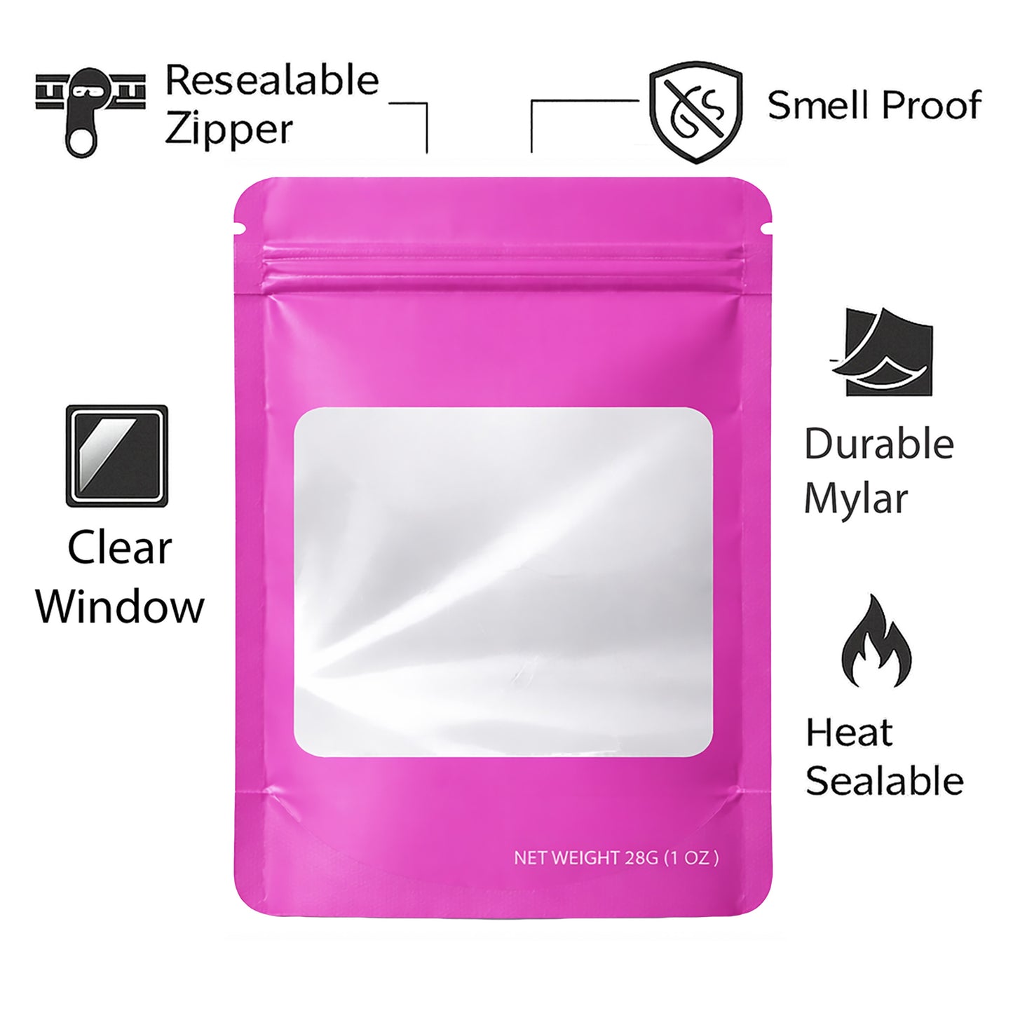 50 Pack – 28g Solid Color Mylar Bags with Square Window - Pink