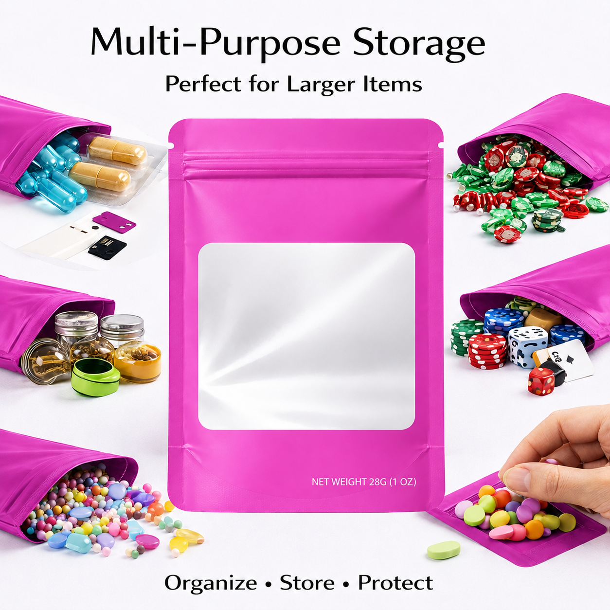 50 Pack – 28g Solid Color Mylar Bags with Square Window - Pink