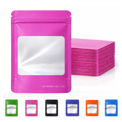 50 Pack – 28g Solid Color Mylar Bags with Square Window - Pink