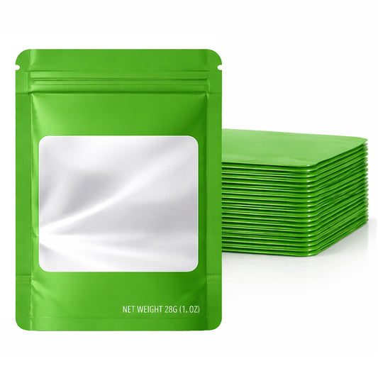 50 Pack – 28g Solid Color Mylar Bags with Square Window - Green