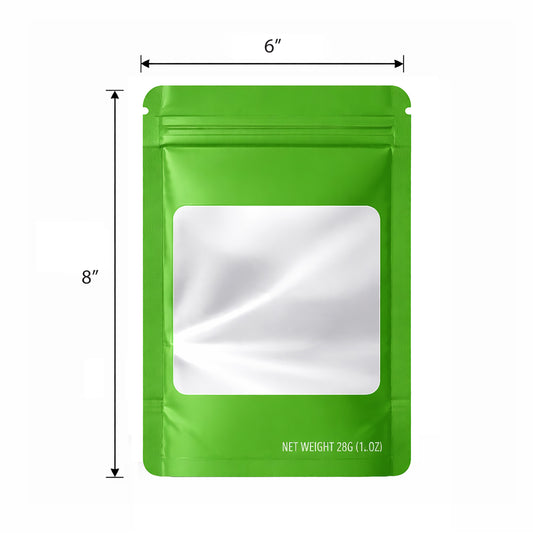 50 Pack – 28g Solid Color Mylar Bags with Square Window - Green
