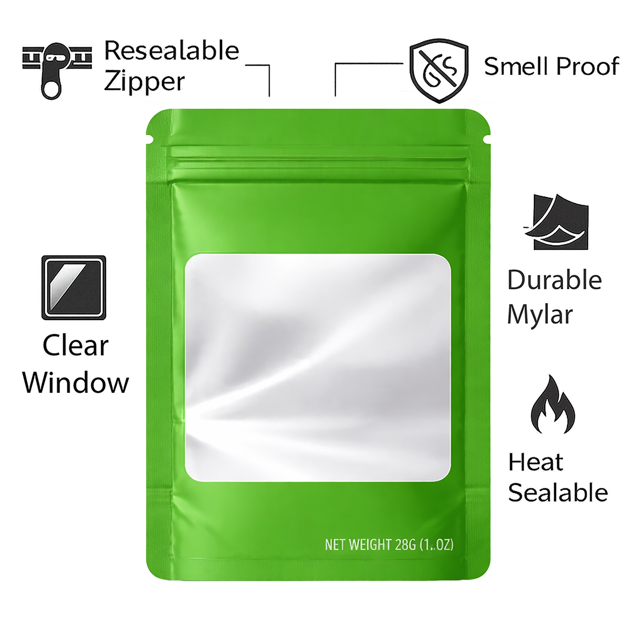 50 Pack – 28g Solid Color Mylar Bags with Square Window - Green