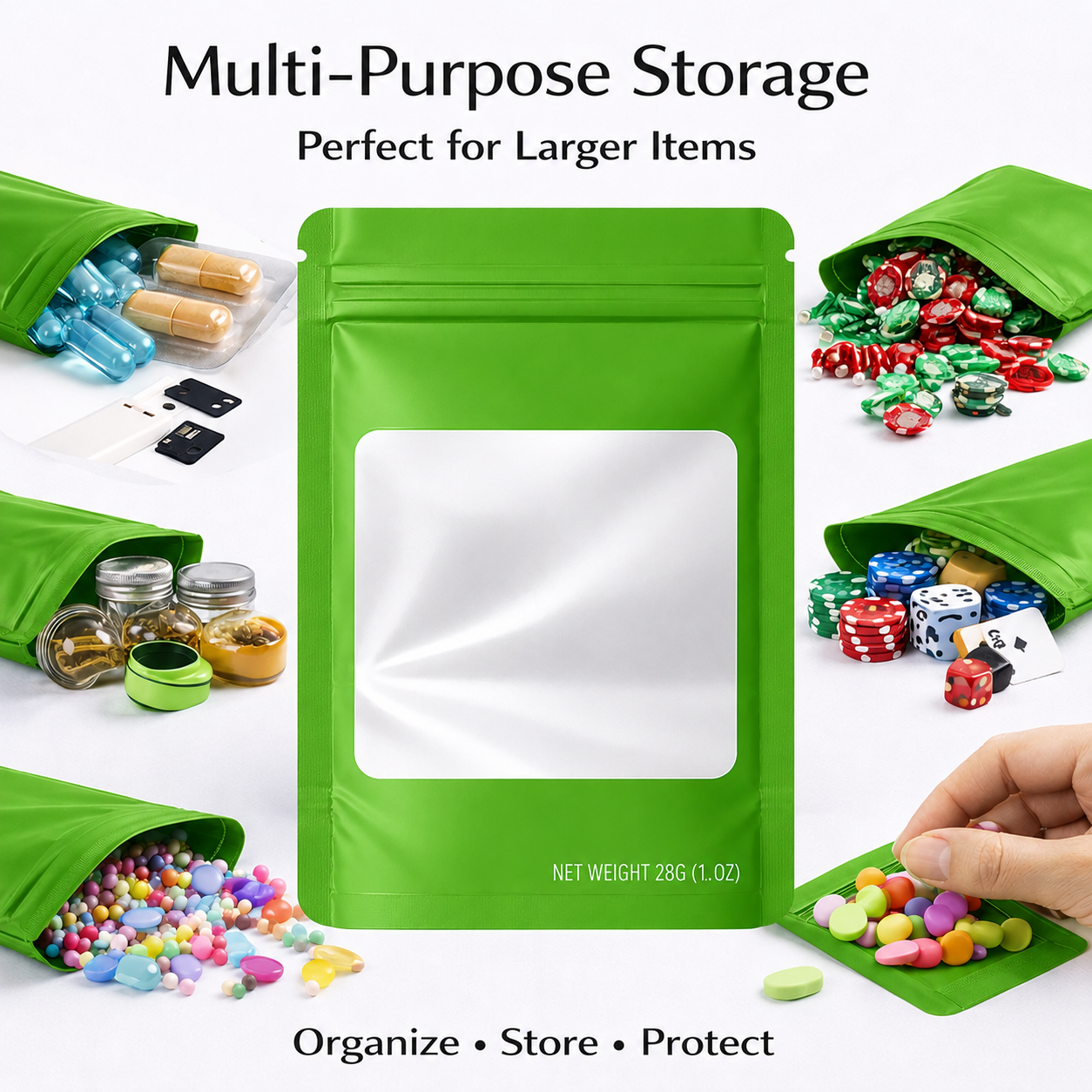 50 Pack – 28g Solid Color Mylar Bags with Square Window - Green