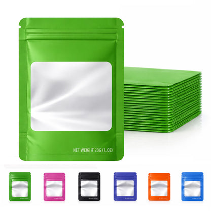 50 Pack – 28g Solid Color Mylar Bags with Square Window - Green