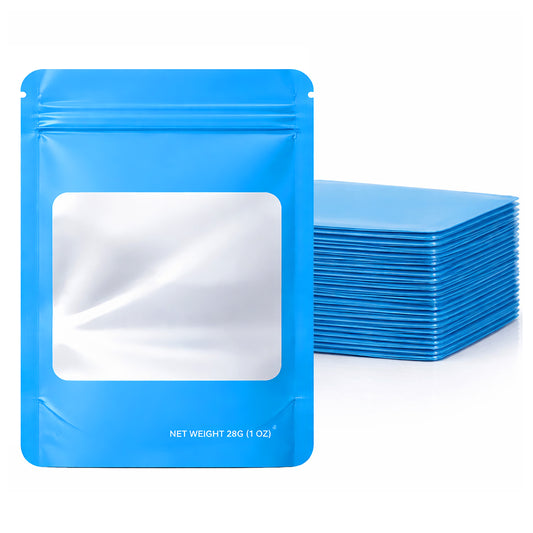 50 Pack – 28g Solid Color Mylar Bags with Square Window - Light Blue