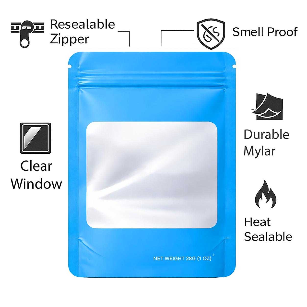 50 Pack – 28g Solid Color Mylar Bags with Square Window - Light Blue