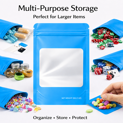 50 Pack – 28g Solid Color Mylar Bags with Square Window - Light Blue