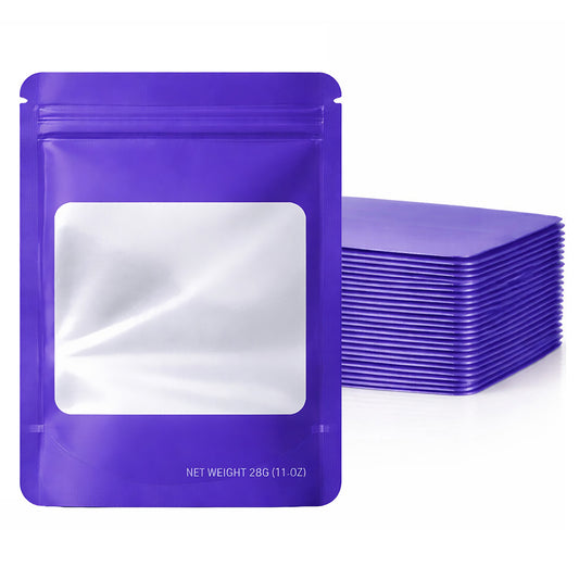 50 Pack – 28g Solid Color Mylar Bags with Square Window - Purple