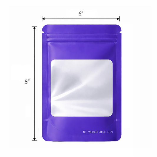 50 Pack – 28g Solid Color Mylar Bags with Square Window - Purple