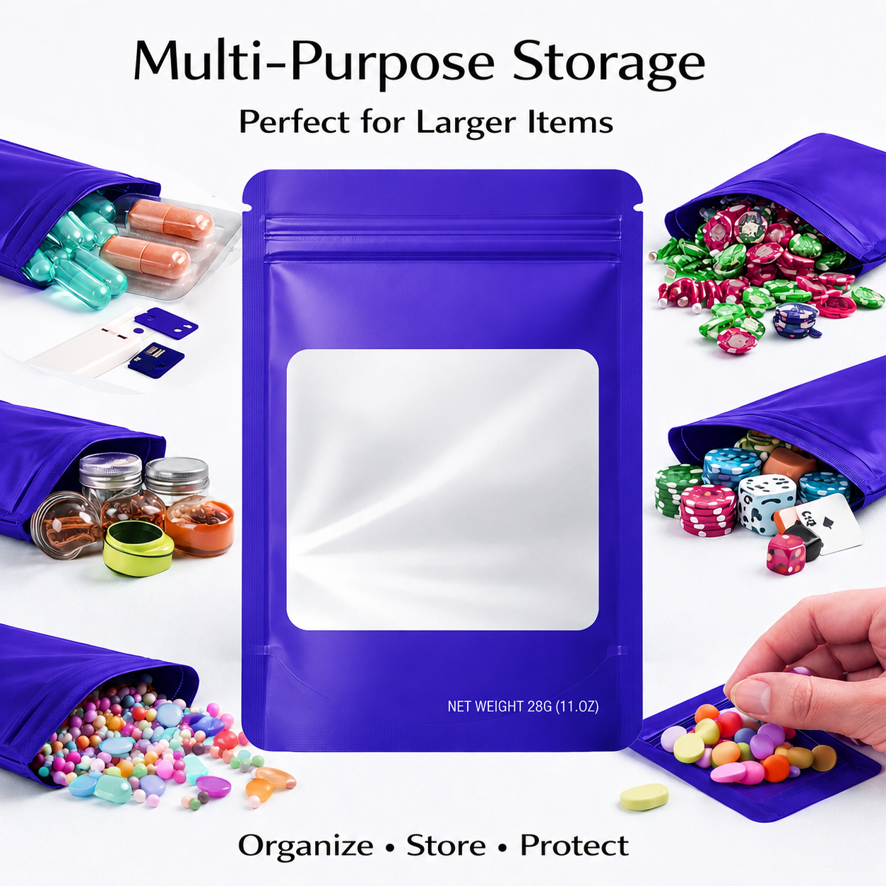 50 Pack – 28g Solid Color Mylar Bags with Square Window - Purple