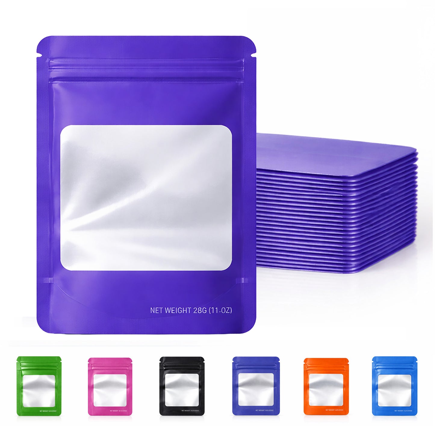 50 Pack – 28g Solid Color Mylar Bags with Square Window - Purple