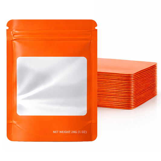 50 Pack – 28g Solid Color Mylar Bags with Square Window - Orange