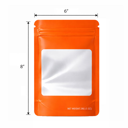50 Pack – 28g Solid Color Mylar Bags with Square Window - Orange