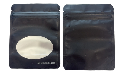 Mylar bag 3.5g, herb Mylar Bags, Where to buy mylar bags, Custom mylar bags near me, Mylar Bags Wholesale. Two black ziplock bags with a white powder inside on a white background