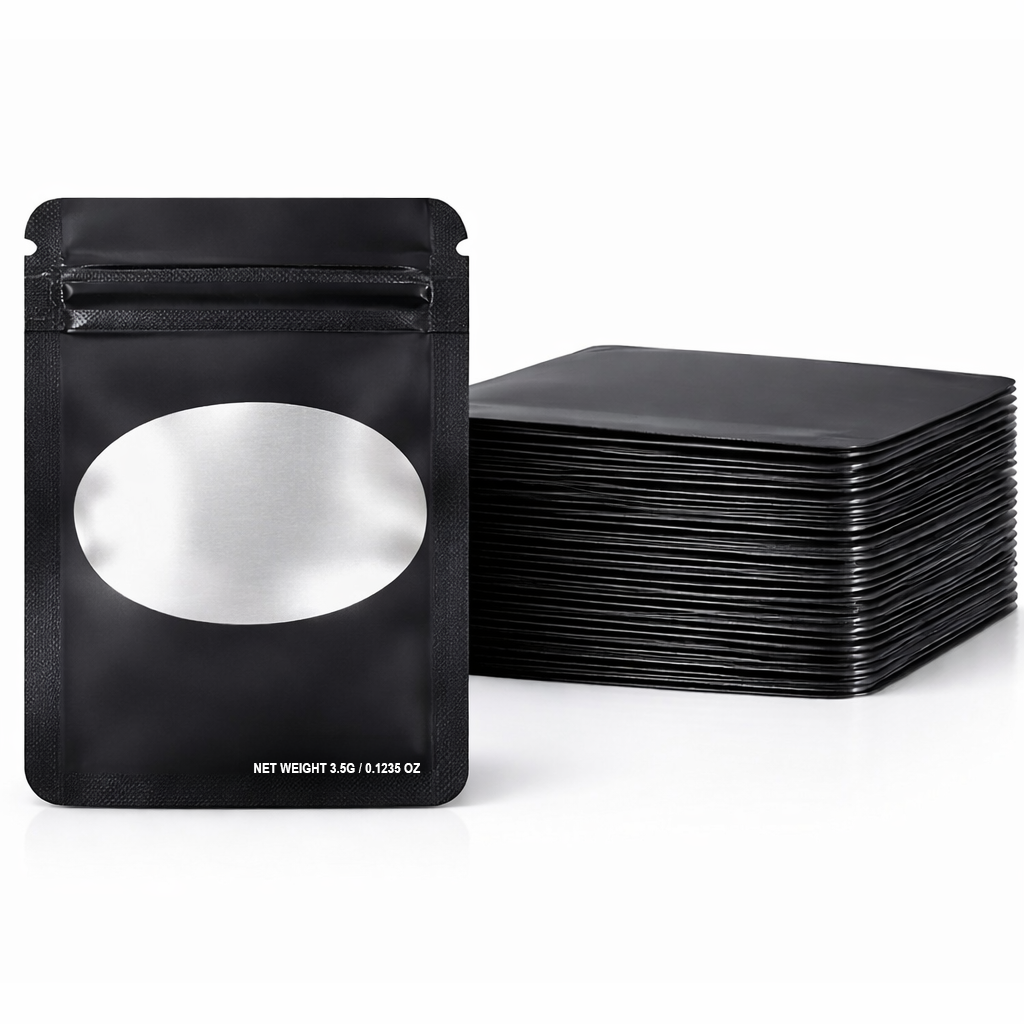 50 Pack – 3.5g Solid Color Mylar Bags with Oval Window - Black
