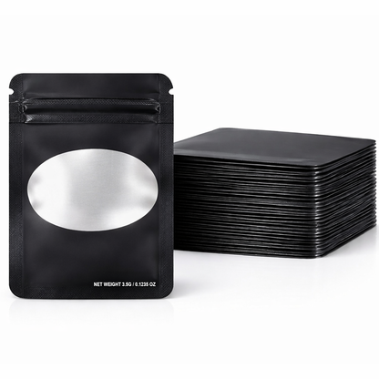 50 Pack – 3.5g Solid Color Mylar Bags with Oval Window - Black