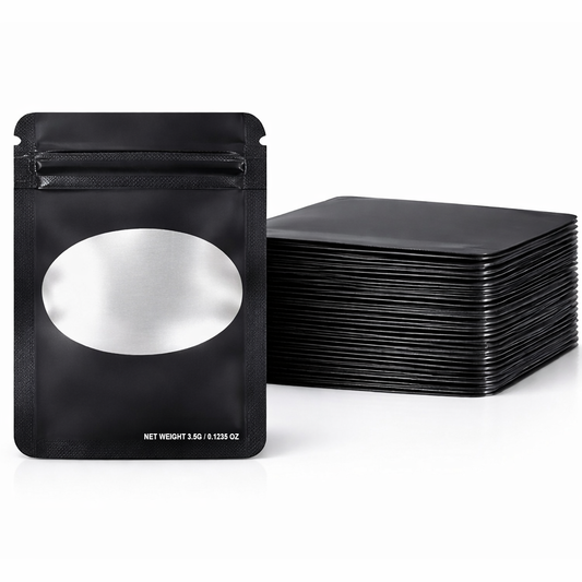 50 Pack – 3.5g Solid Color Mylar Bags with Oval Window - Black