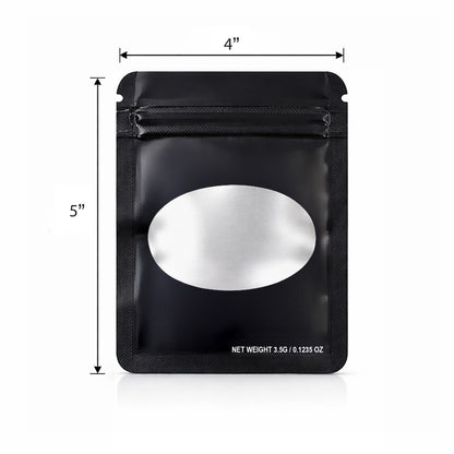 50 Pack – 3.5g Solid Color Mylar Bags with Oval Window - Black