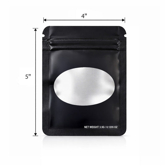 50 Pack – 3.5g Solid Color Mylar Bags with Oval Window - Black