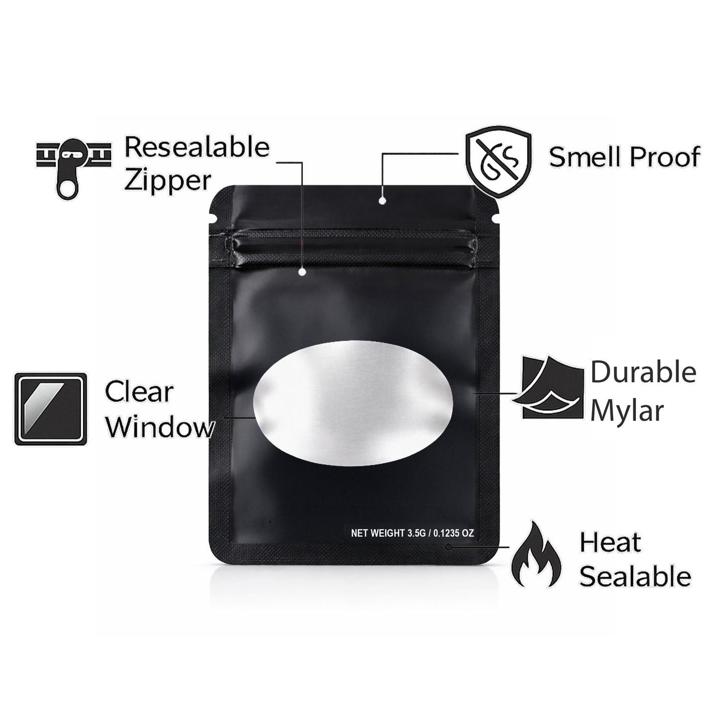 50 Pack – 3.5g Solid Color Mylar Bags with Oval Window - Black