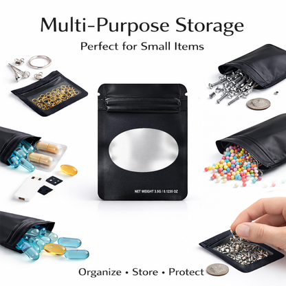 50 Pack – 3.5g Solid Color Mylar Bags with Oval Window - Black