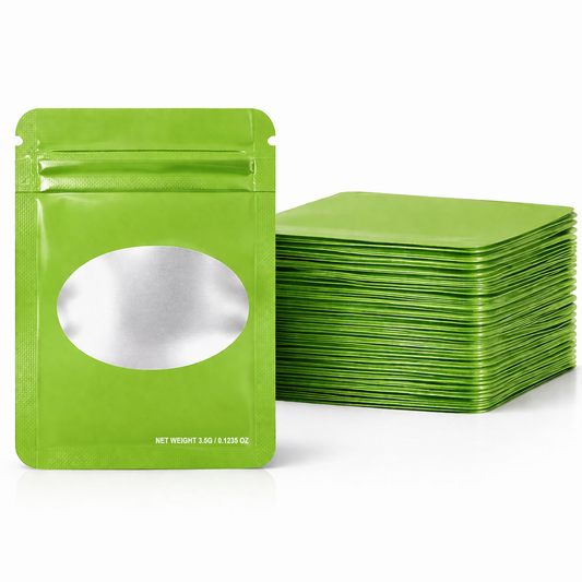 50 Pack – 3.5g Solid Color Mylar Bags with Oval Window - Green