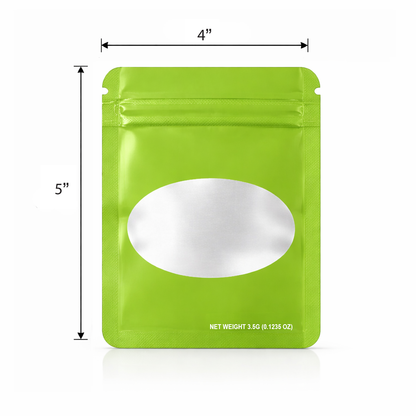 50 Pack – 3.5g Solid Color Mylar Bags with Oval Window - Green