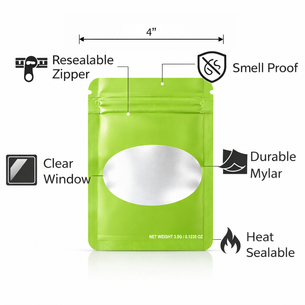50 Pack – 3.5g Solid Color Mylar Bags with Oval Window - Green