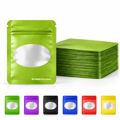 50 Pack – 3.5g Solid Color Mylar Bags with Oval Window - Green