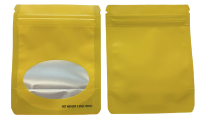 Mylar bag 3.5g, herb Mylar Bags, Where to buy mylar bags, Custom mylar bags near me, Mylar Bags Wholesale. Two yellow stand-up pouches with a window on a white background