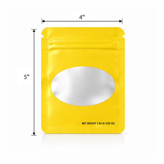 50 Pack – 3.5g Solid Color Mylar Bags with Oval Window - Yellow