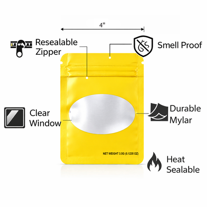 50 Pack – 3.5g Solid Color Mylar Bags with Oval Window - Yellow