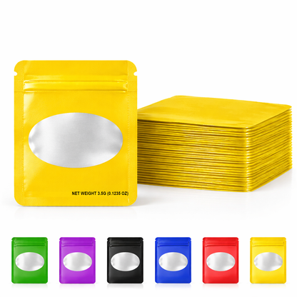 50 Pack – 3.5g Solid Color Mylar Bags with Oval Window - Yellow