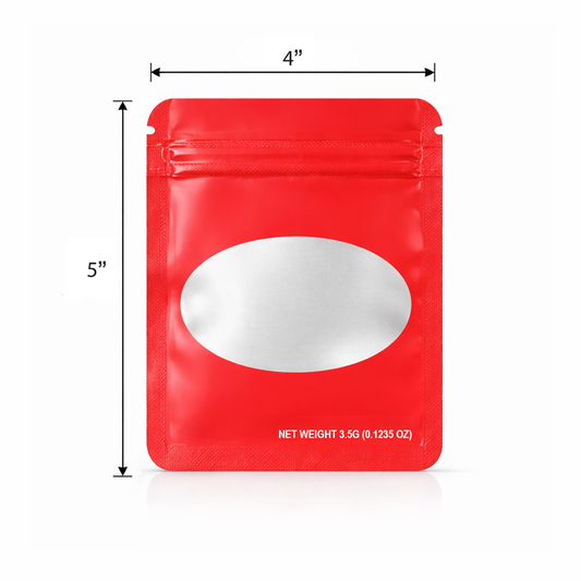 50 Pack – 3.5g Solid Color Mylar Bags with Oval Window - Red